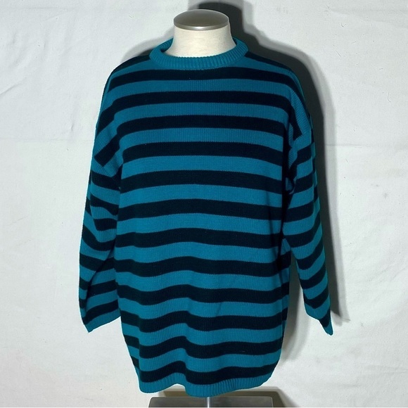 Vintage Graffiti Oversized Green Black Striped Crew Neck Knit Sweater S - Picture 1 of 13